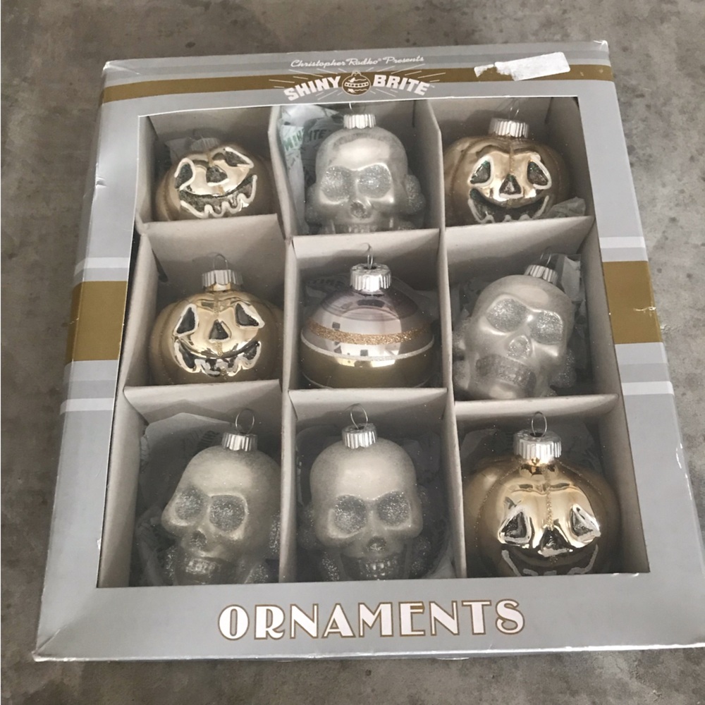 Shiny Brite Christopher Radko Ornaments Halloween Silver Gold Skull Pumpkins